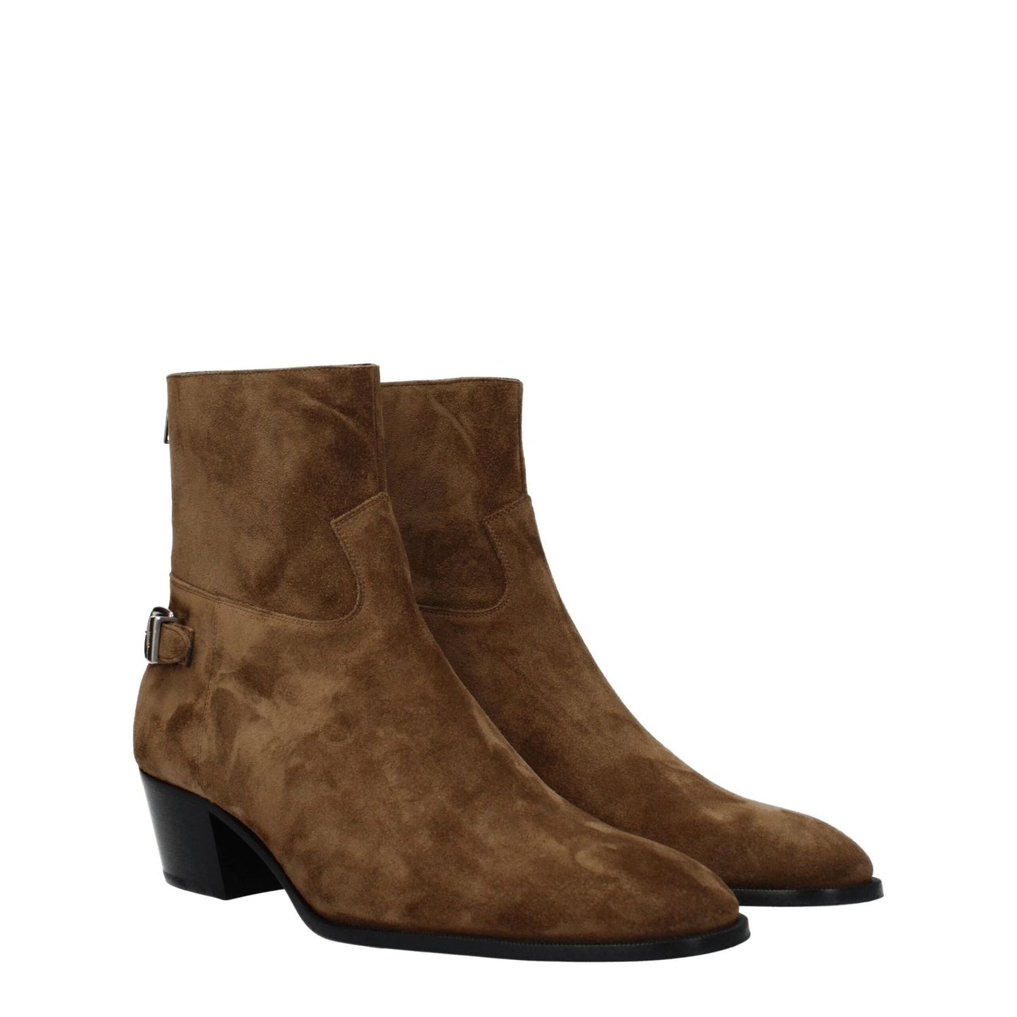 Celine Brown Leather Ankle Boots in suede with vintage effect, zip closure, and mid heels. Casual style with round toe and silver details.