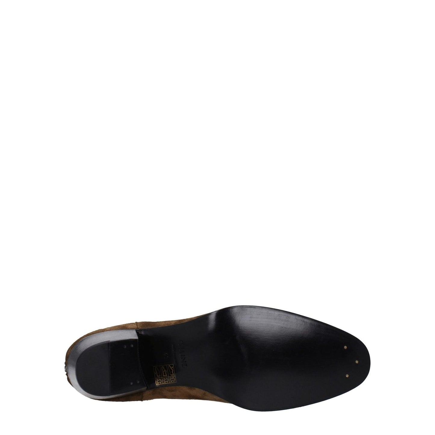 Sole view of Celine Brown Leather Ankle Boots with leather sole and round toe design, featuring a vintage suede effect and zip closure.