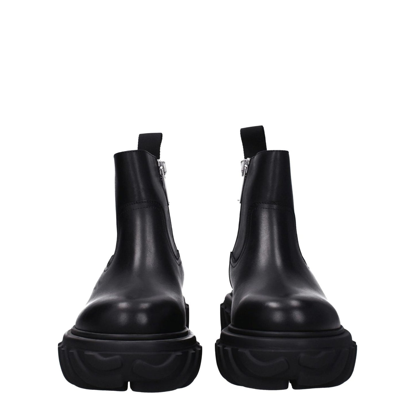 Front view of Off-White Black Leather Ankle Boots featuring zip closure and rubber sole.
