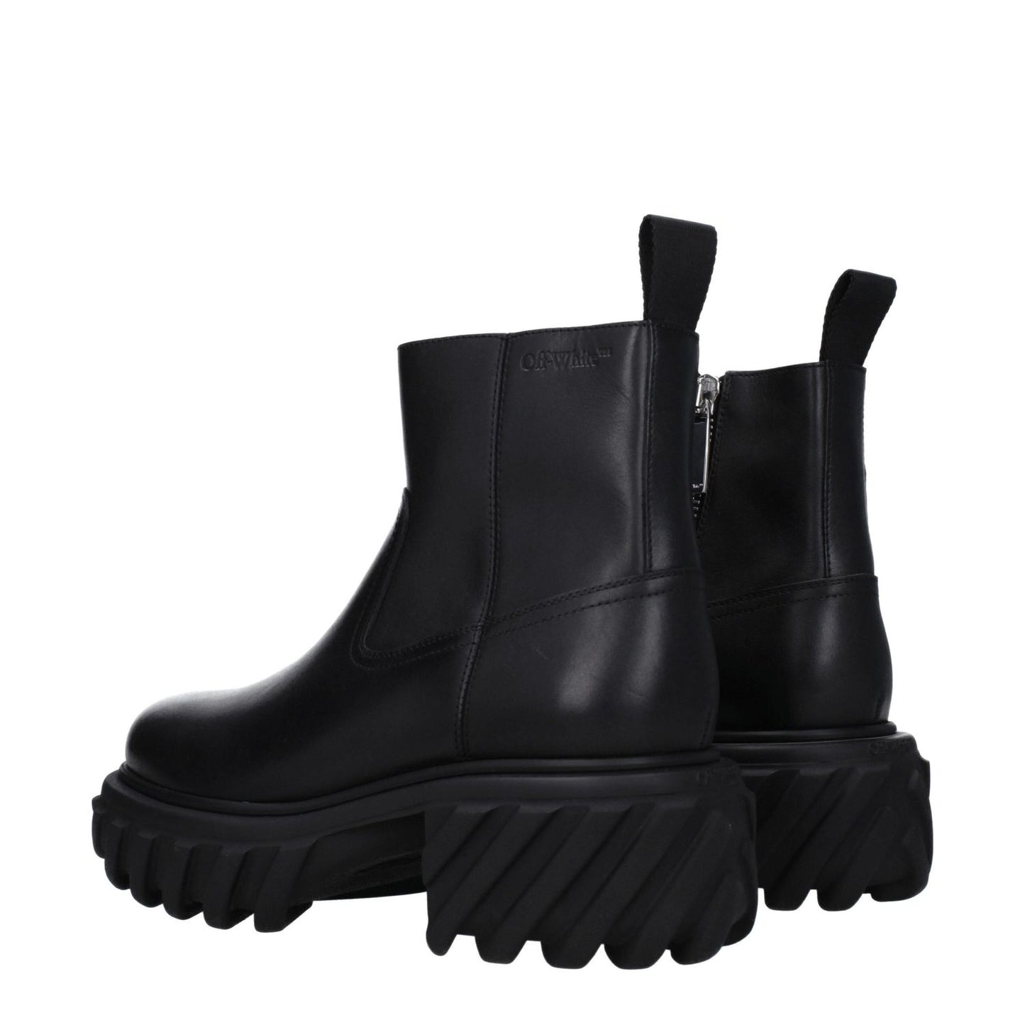 Off-White Black Leather Ankle Boots with side logo and zip closure, featuring mid heels and rubber sole; OMID029LEA0011010.