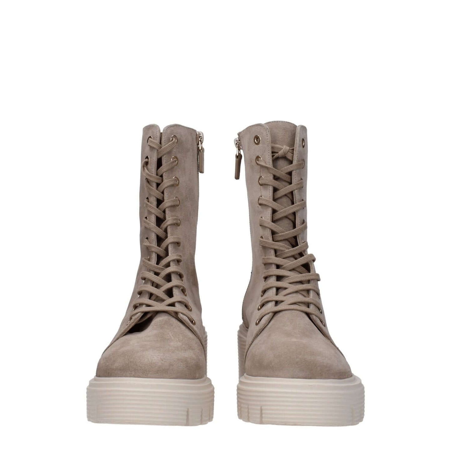 Stuart Weitzman Beige Leather Ankle Boots with lace-up closure, mid heels, and rubber sole. Suede material, vintage style.