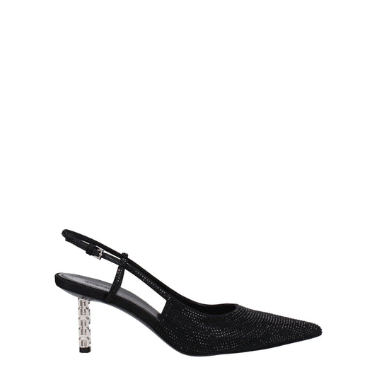 Givenchy Black Fabric High Heel Pumps with rhinestone, pointy toe, and buckle closure, featuring leather sole and mid heel height of 7 cm.