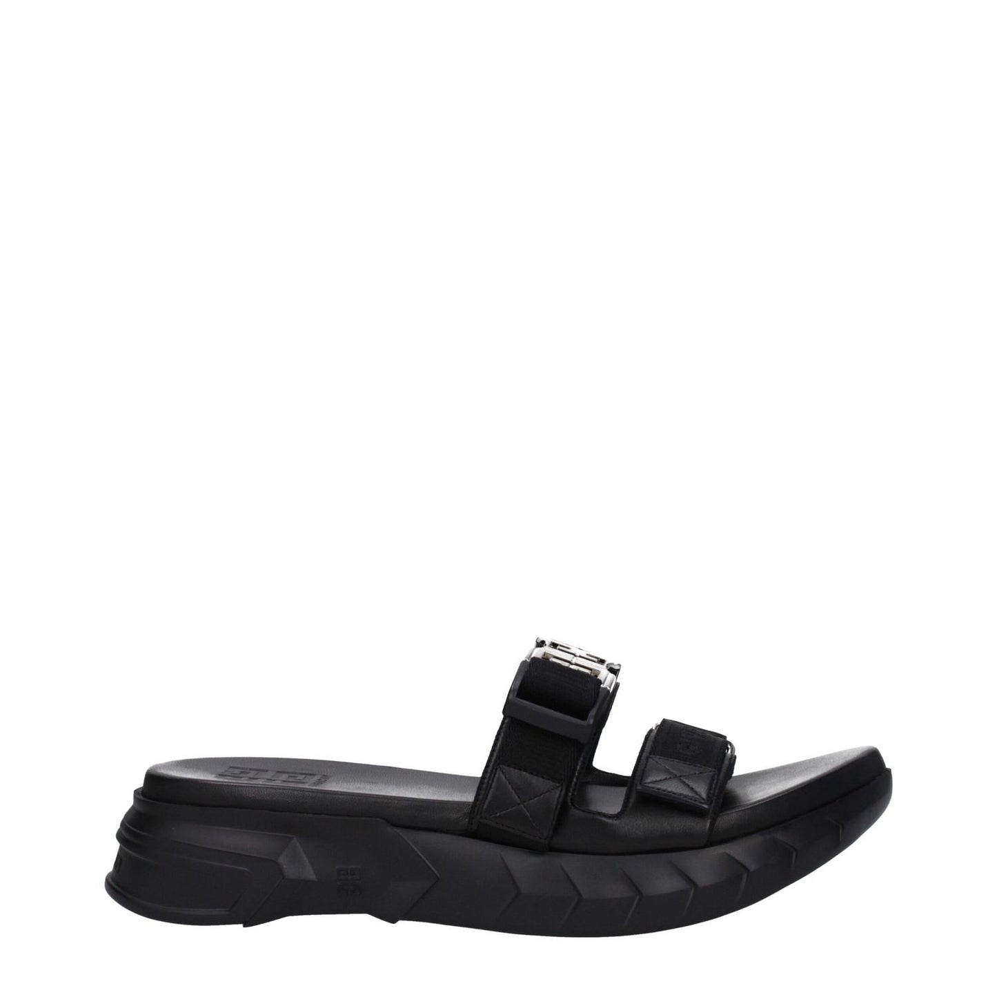 Givenchy Black Fabric Slippers with silver clip closure, rubber sole, and open toe design; mid-heel slippers showcasing front logo.