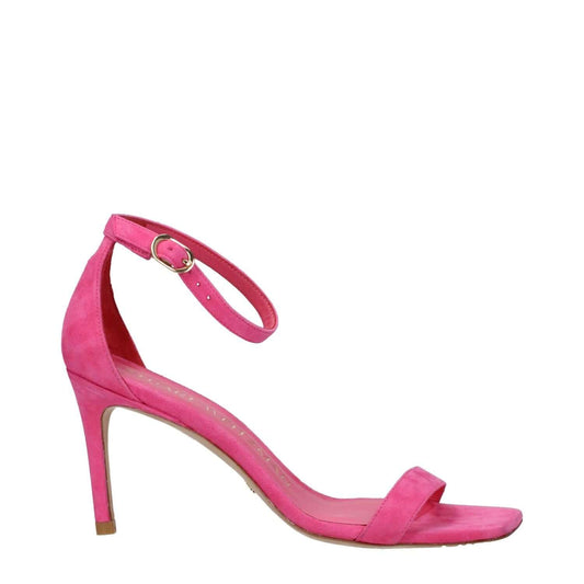 Stuart Weitzman Pink Leather Stiletto Heel Sandals with buckle closure and open toe design, casual style, 8 cm high heel.