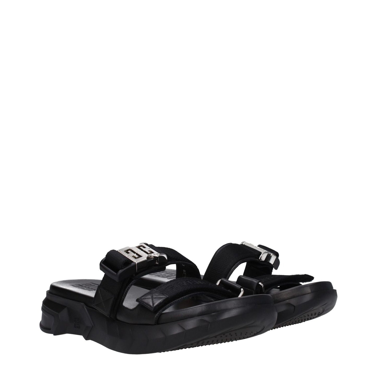 Givenchy Black Fabric Slippers with silver logo, rubber sole, open toe and mid heels showcasing stylish design and clips closure.