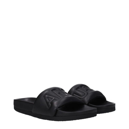 Ambush Black Leather Slippers with open toe, front logo, rubber sole, street style fashion footwear.