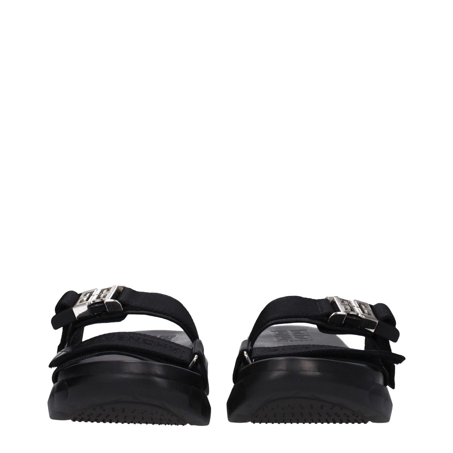 Front view of Givenchy Black Fabric Slippers with silver clips closure and rubber sole.