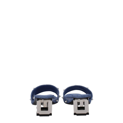 Back view of Givenchy Blue Fabric Flat Sandals with side logo, beaded rhinestones, and mid heels. MPN BE3082E1TK420.