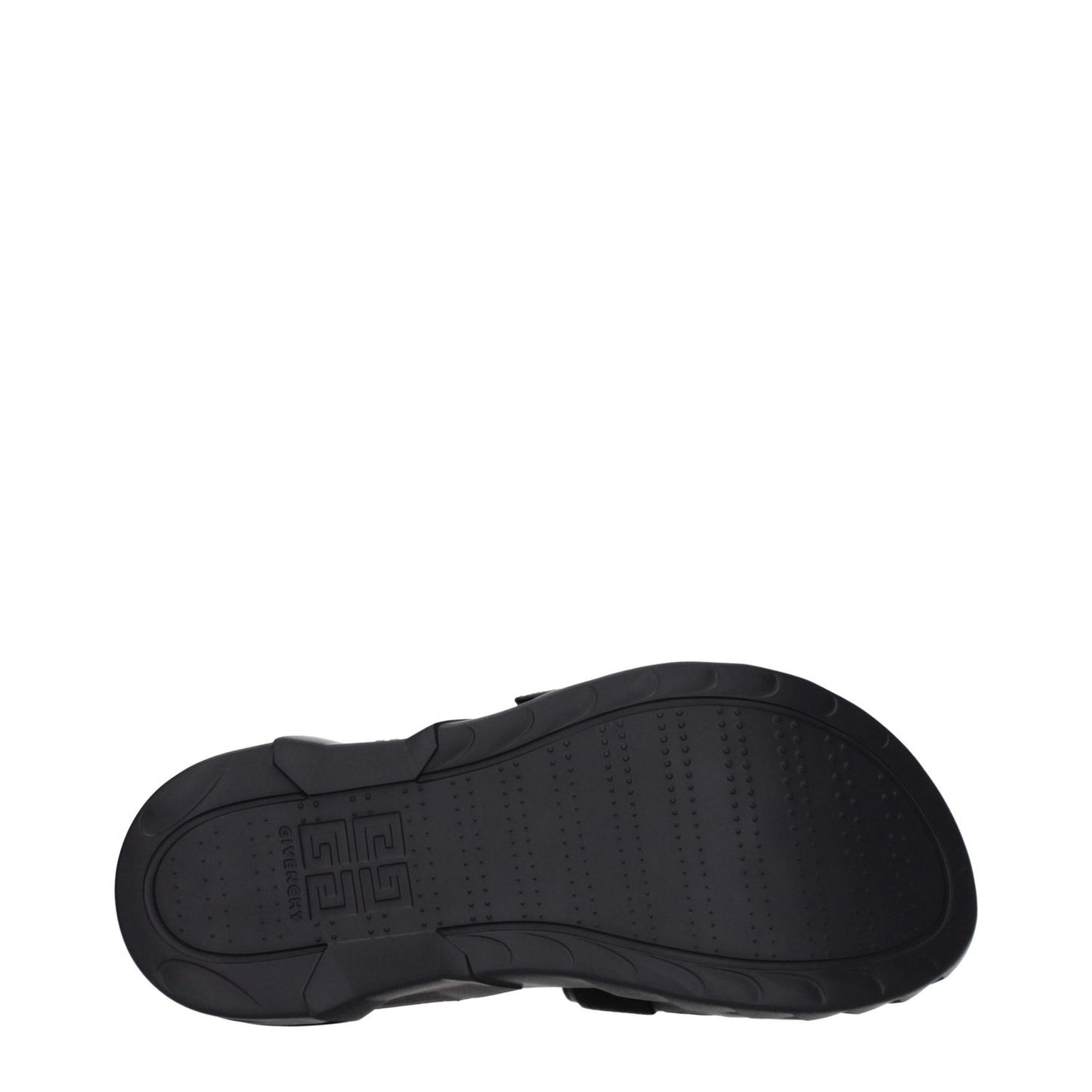 Sole view of Givenchy Black Fabric Slippers with logo and rubber sole, open toe, mid heels, and clips closure.