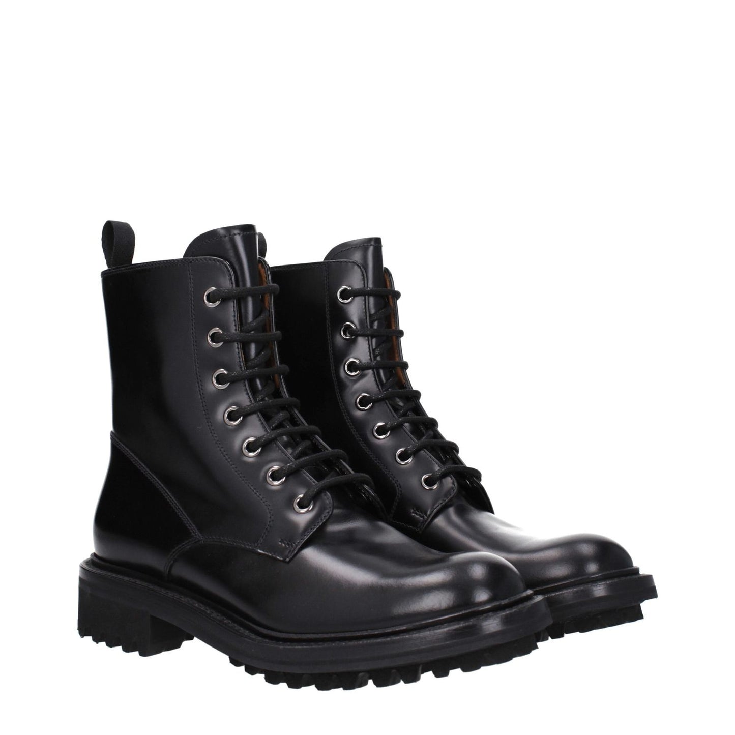 Church's Black Leather Ankle Boots with lace-up closure, vintage effect, and round toe design. Casual style with rubber sole.