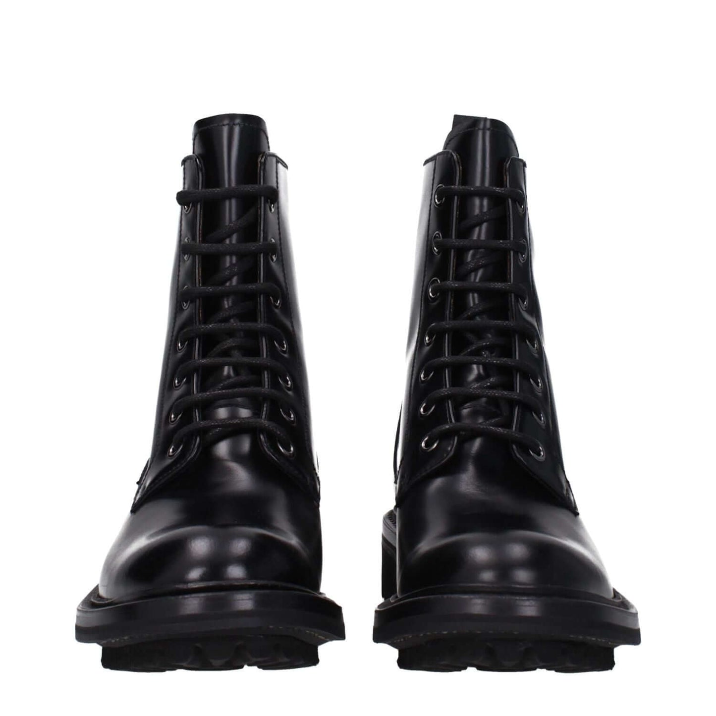 Church's Black Leather Ankle Boots with lace-up closure and low flat heel, featuring a vintage effect and rubber sole.
