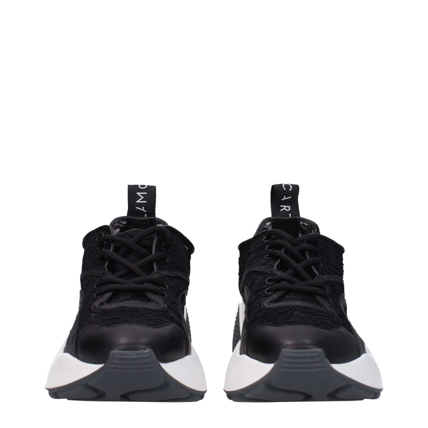 Stella McCartney Black Fabric Chunky Sneakers with back logo, lace-up closure, rubber sole, round toe, and mid heels.