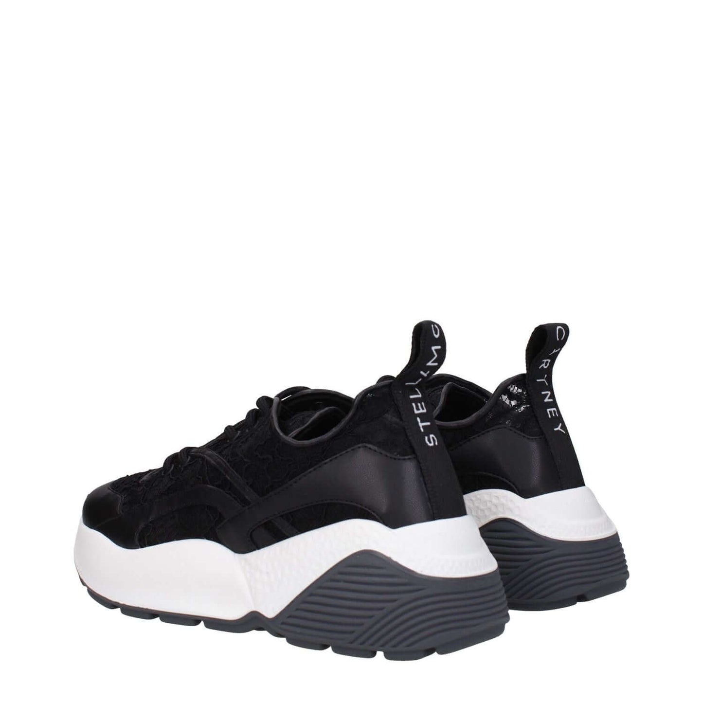 Stella McCartney Black Fabric Chunky Sneakers with lace-up closure and back logo, featuring a 6 cm mid heel and rubber sole.