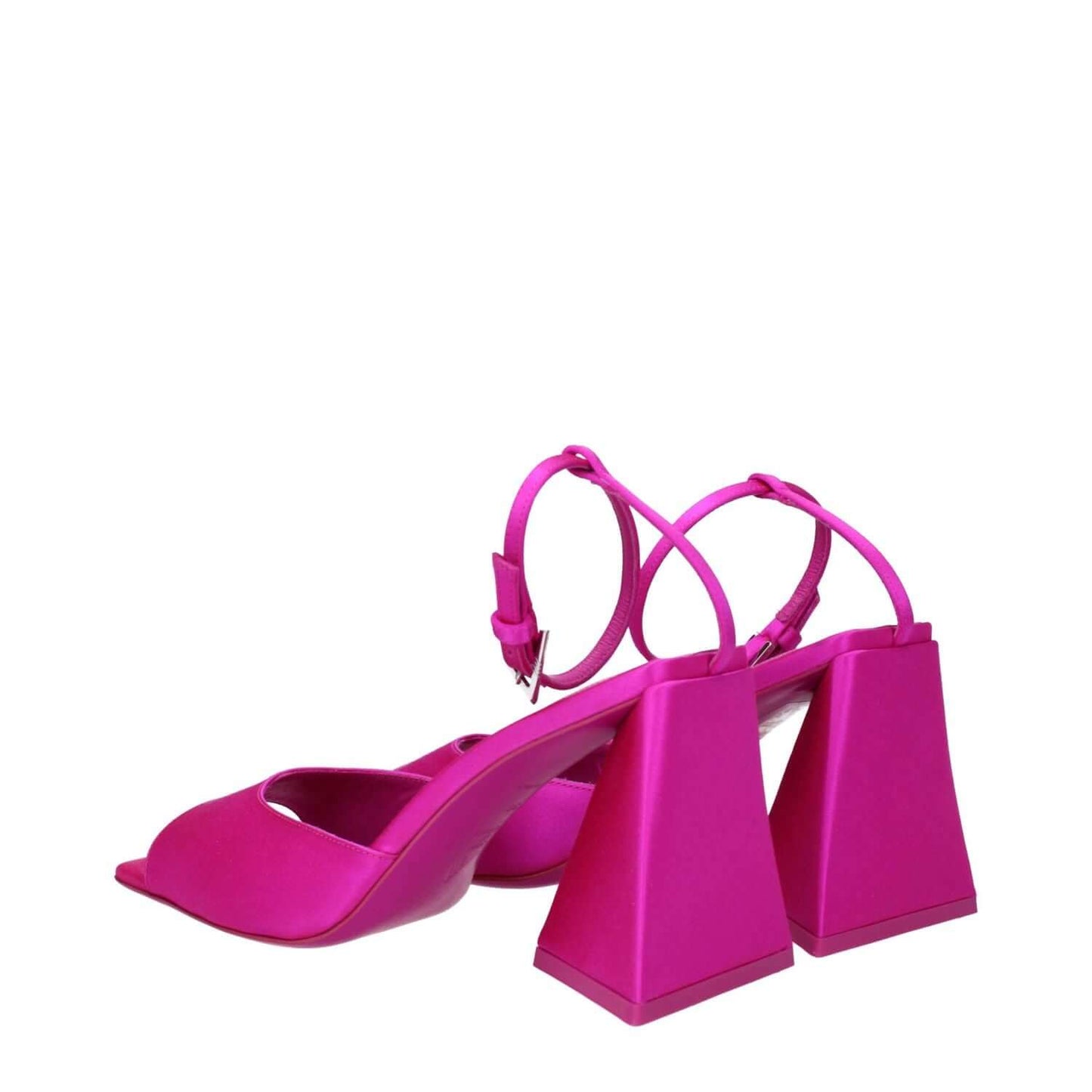 The Attico Pink Satin Stiletto Heel Sandals with open toe and buckle closure, featuring mid heels and leather sole.
