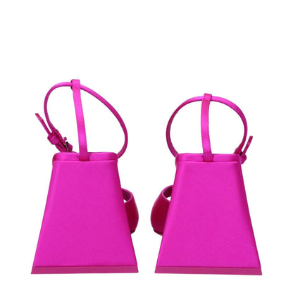 Back view of The Attico Pink Satin Stiletto Heel Sandals with 8.5 cm mid heels and open toe design, featuring leather sole and buckle closure.