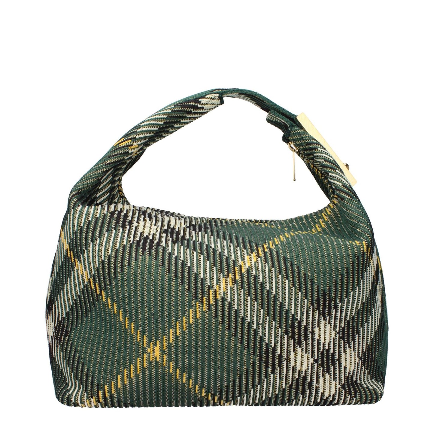 Green Burberry fabric handbag with gold details, medium size, check print, and zip closure. Perfect for stylish and versatile use.