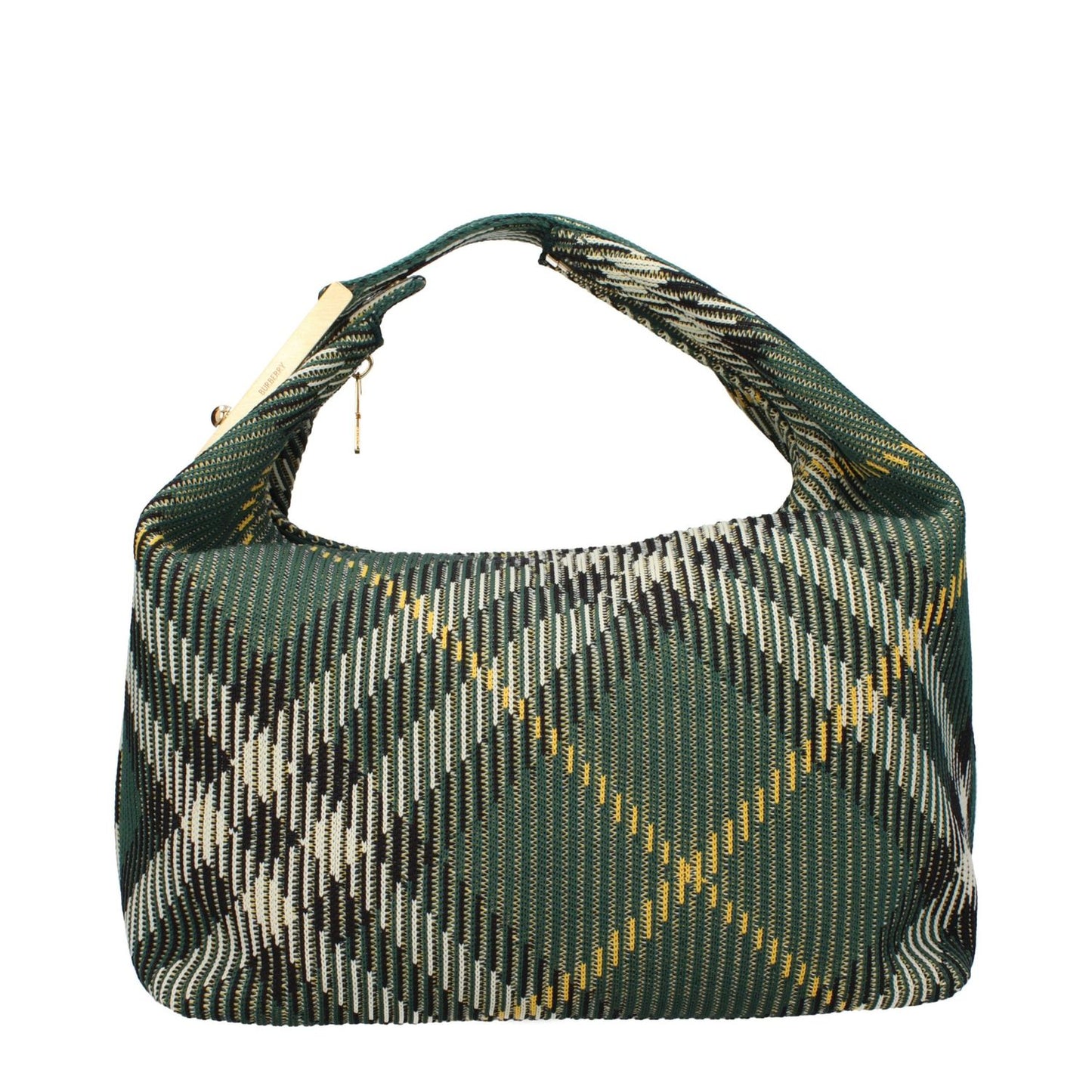Burberry Green Fabric Handbag with medium gold and ivy check pattern, zip closure, size 33.5cm width, 19cm height, 13cm handle length.