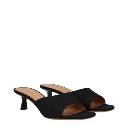 Off-White Black Linen Flat Sandals with open toe and mid heels, featuring a leather sole and 5 cm heel height.
