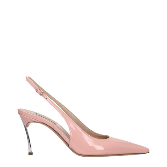 Casadei Pink Leather High Heel Pumps with silver details, pointy toe, and buckle closure, featuring a sleek patent finish.