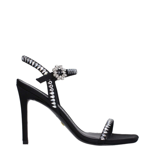Stuart Weitzman Black Satin Stiletto Heel Sandals with rhinestone details and buckle closure, featuring a sleek high heel design.