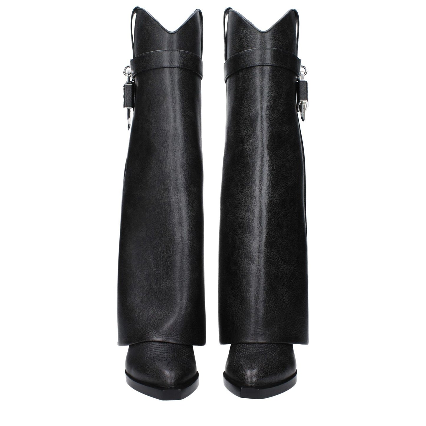 Givenchy Black Leather Boots with vintage effect and logo detail, wedge heel, pointy toe, casual style.