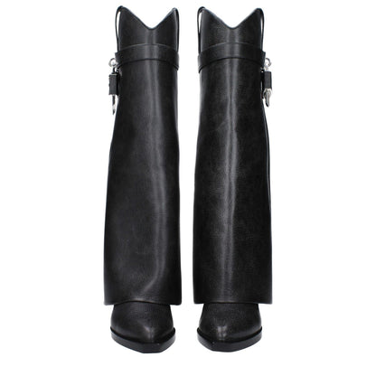 Givenchy Black Leather Boots with vintage effect and logo detail, wedge heel, pointy toe, casual style.