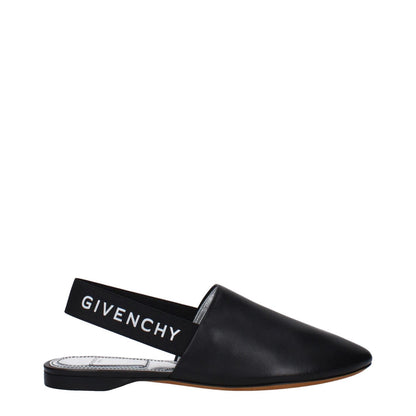 Givenchy Black Leather Mules with side logo, round toe, low flat heel, designed for casual style, made of leather with leather sole.