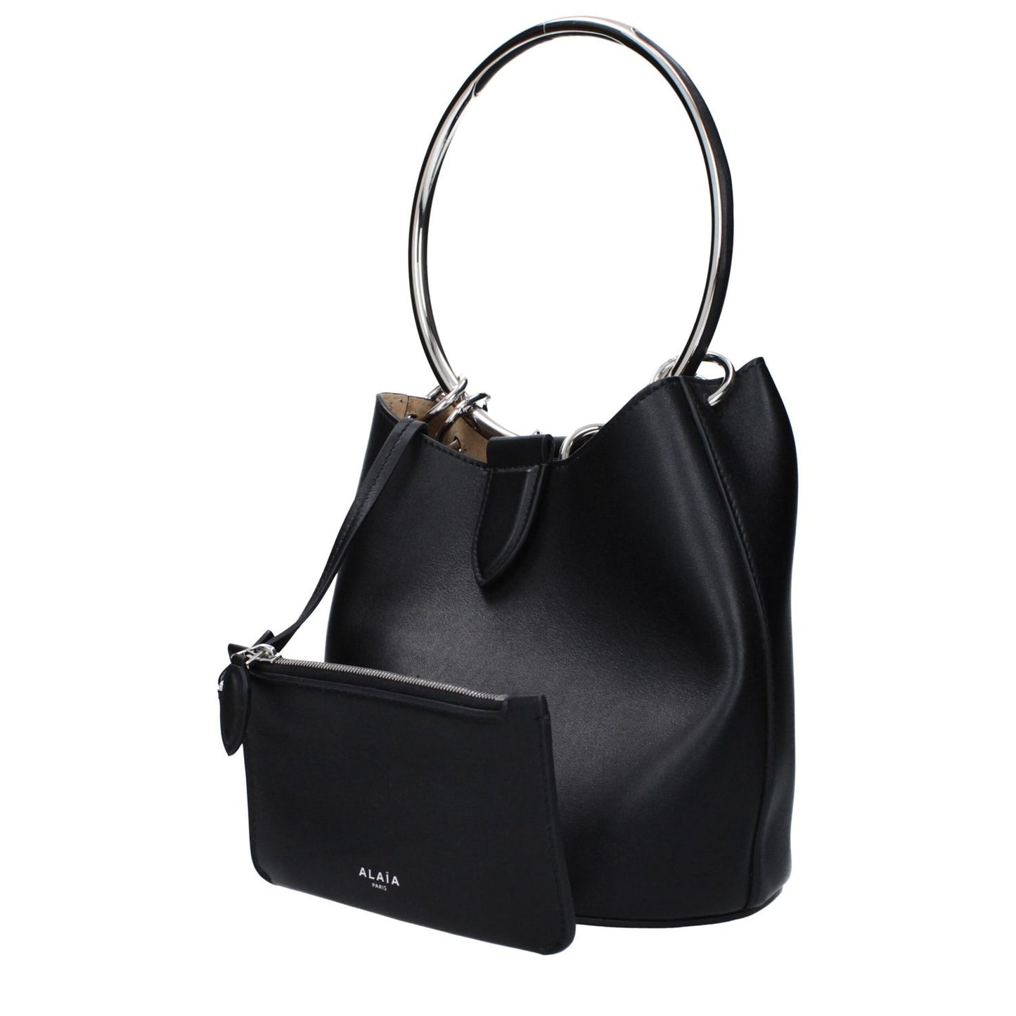 Alaïa Black Leather Handbag with removable inner clutch and front logo, featuring distressed areas and magnetic closure.