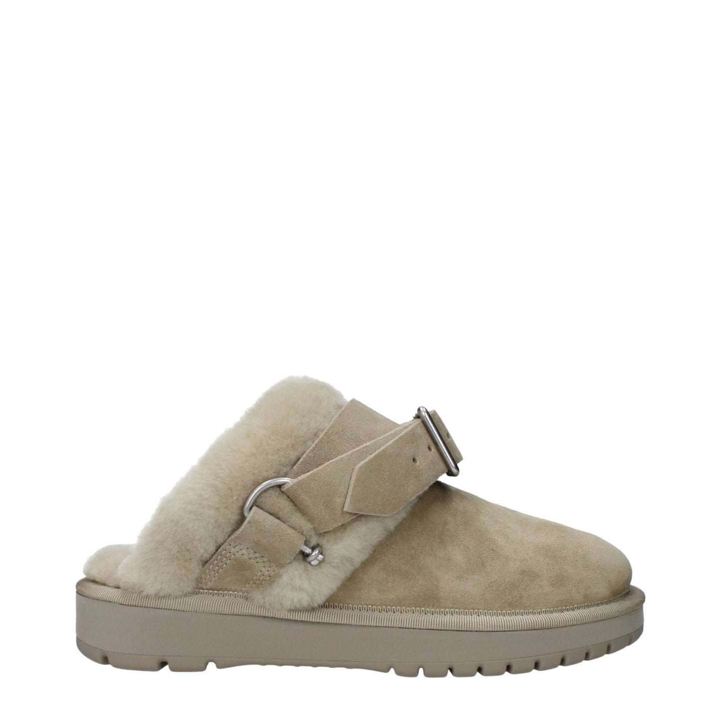 Beige suede slippers with fur detail and buckle closure on rubber sole, ideal for casual wear. Similar to Burberry Green Leather Slippers.