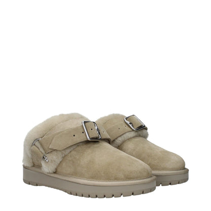 Burberry Green Leather Slippers with fur detail, casual style, buckle closure, rubber sole, round toe, low flat heel, MPN 8095351.