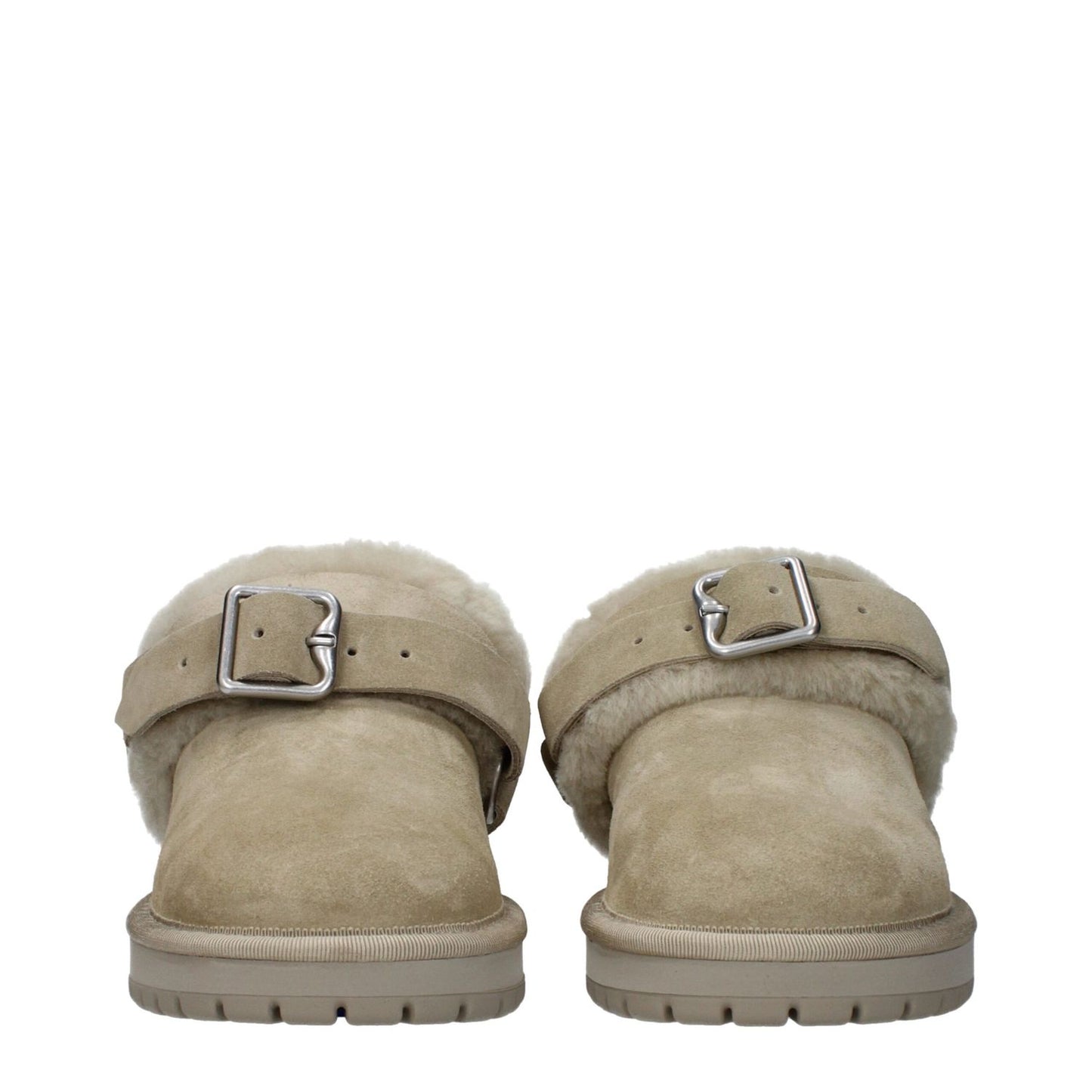Burberry Green Leather Slippers featuring fur detail and buckle closure with rubber sole, casual style, round toe, and low flat heel.