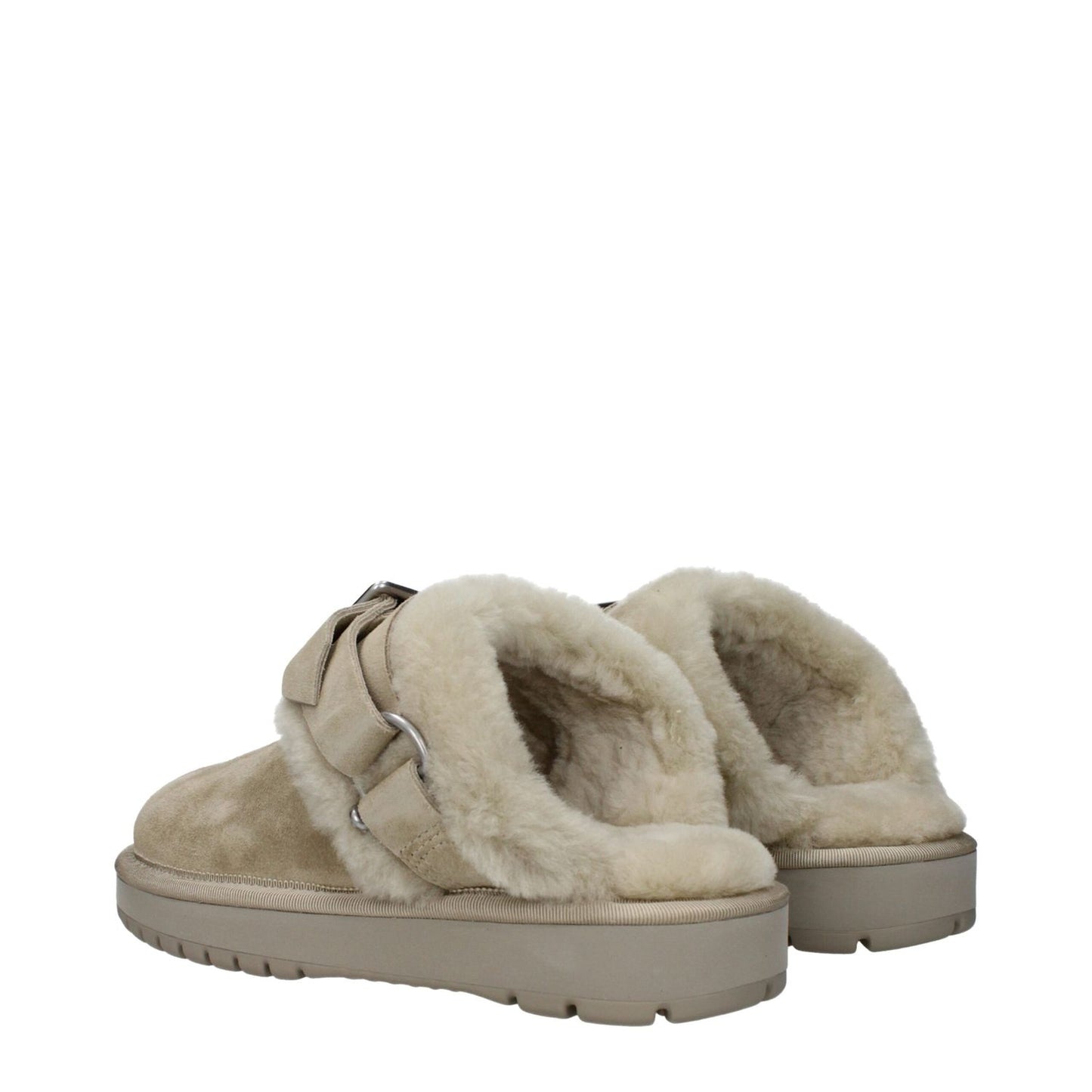 Burberry Green Leather Slippers with fur detail, rubber sole, and buckle closure in casual style.