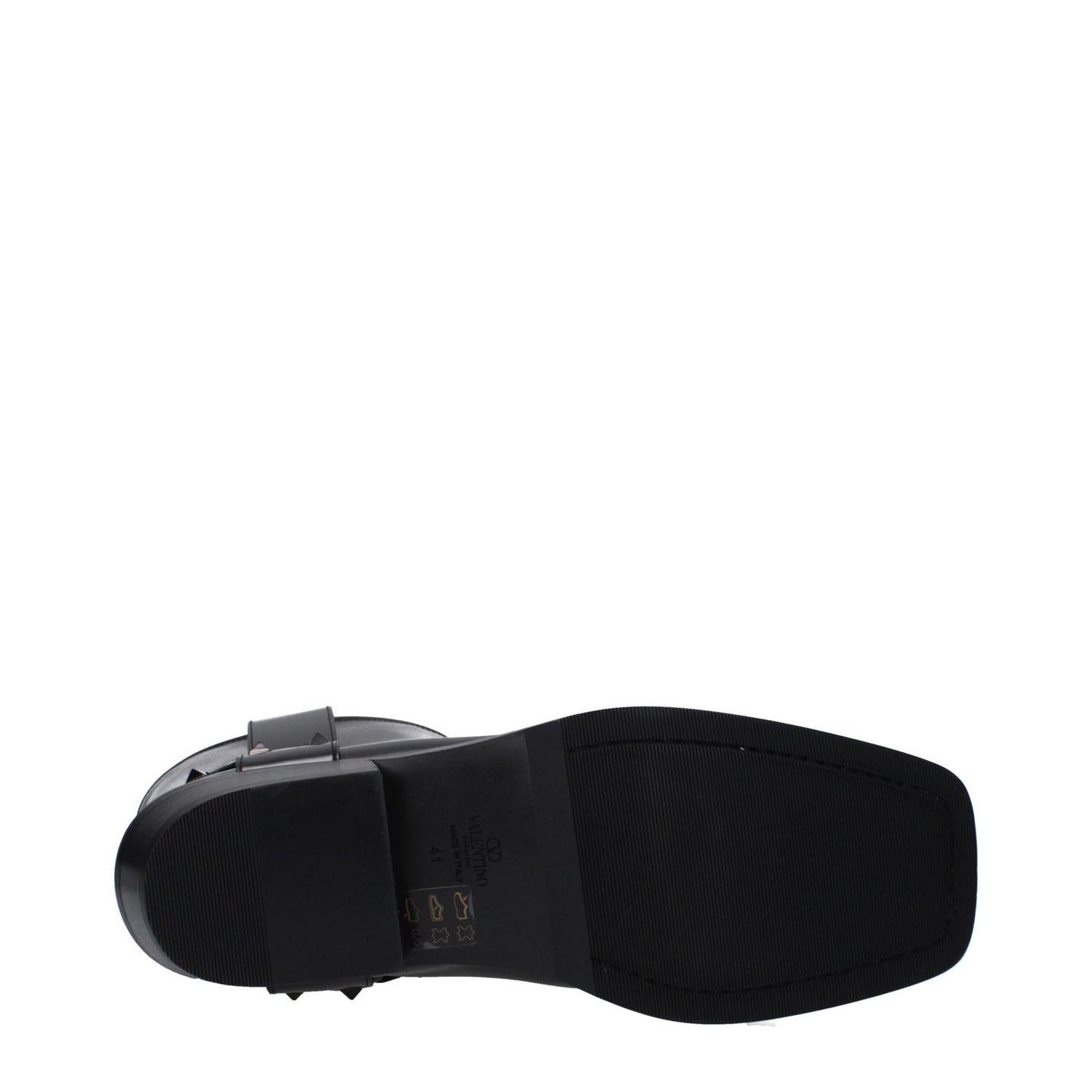 Sole view of Valentino Garavani Black Leather Ankle Boots with square toe and leather sole highlighting casual style with studs.