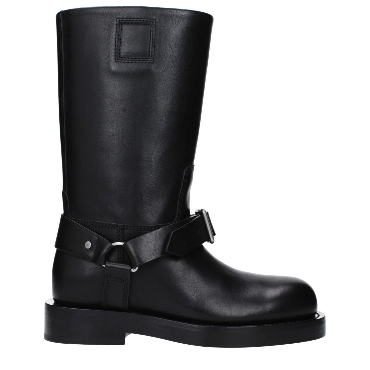Burberry Black Leather Boots with buckle closure, mid heels, and round toe design, style MPN 8077392, casual look.