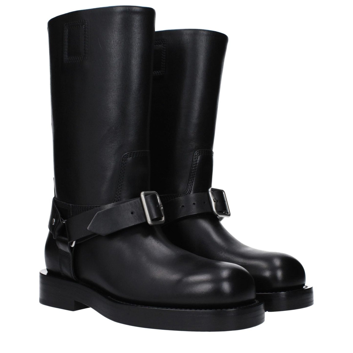 Burberry Black Leather Boots with buckle closure, round toe design, and mid heels. Casual style with leather sole and 3.5 cm heel height.