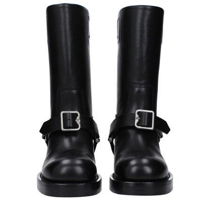 Burberry Black Leather Boots with buckle closure, round toe, and mid heels. MPN: 8077392, featuring leather sole and 3.5 cm heel.