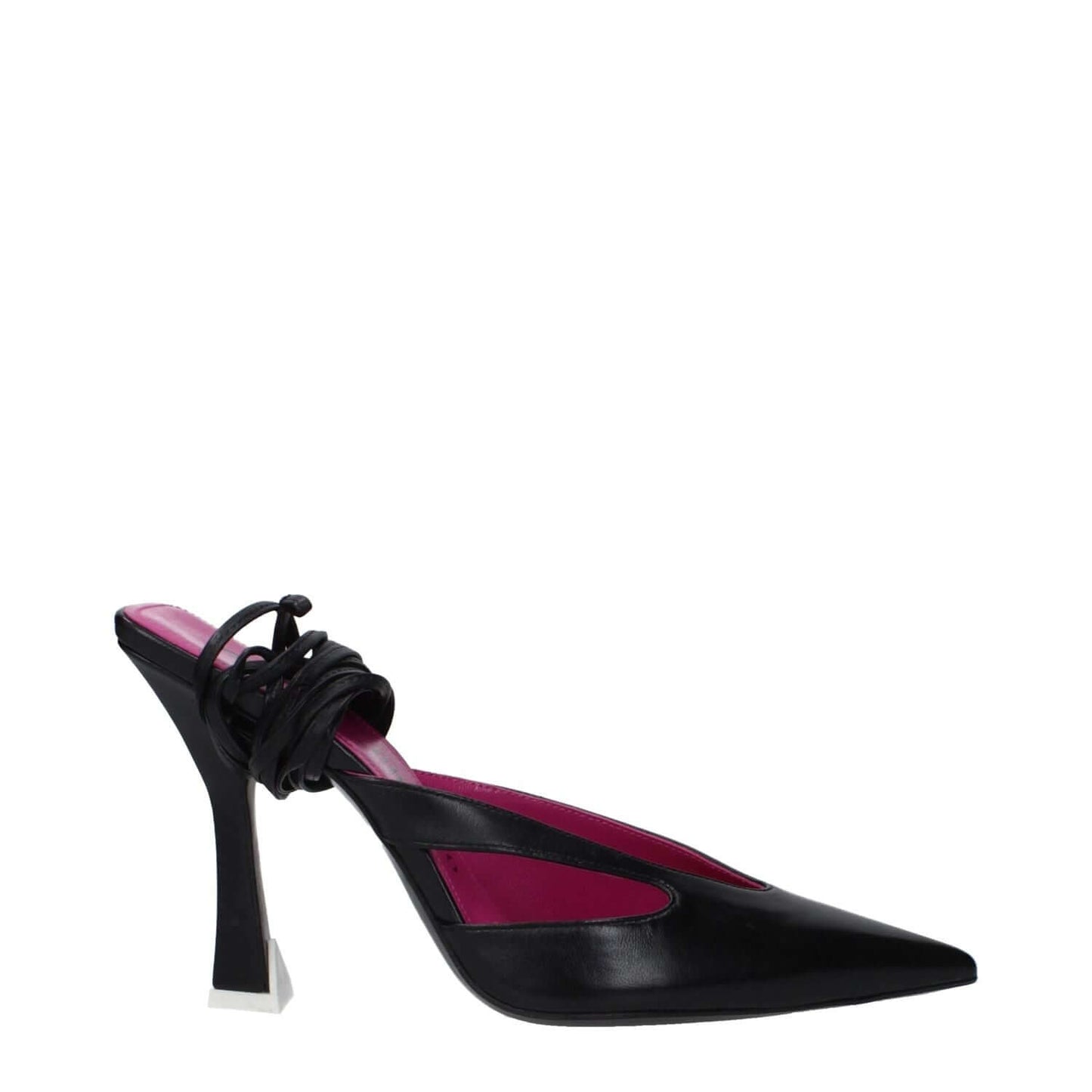 The Attico Black Leather Stiletto Heel Sandals with lace-up closure and pointy toe, featuring a 10.5 cm high heel for a chic look.