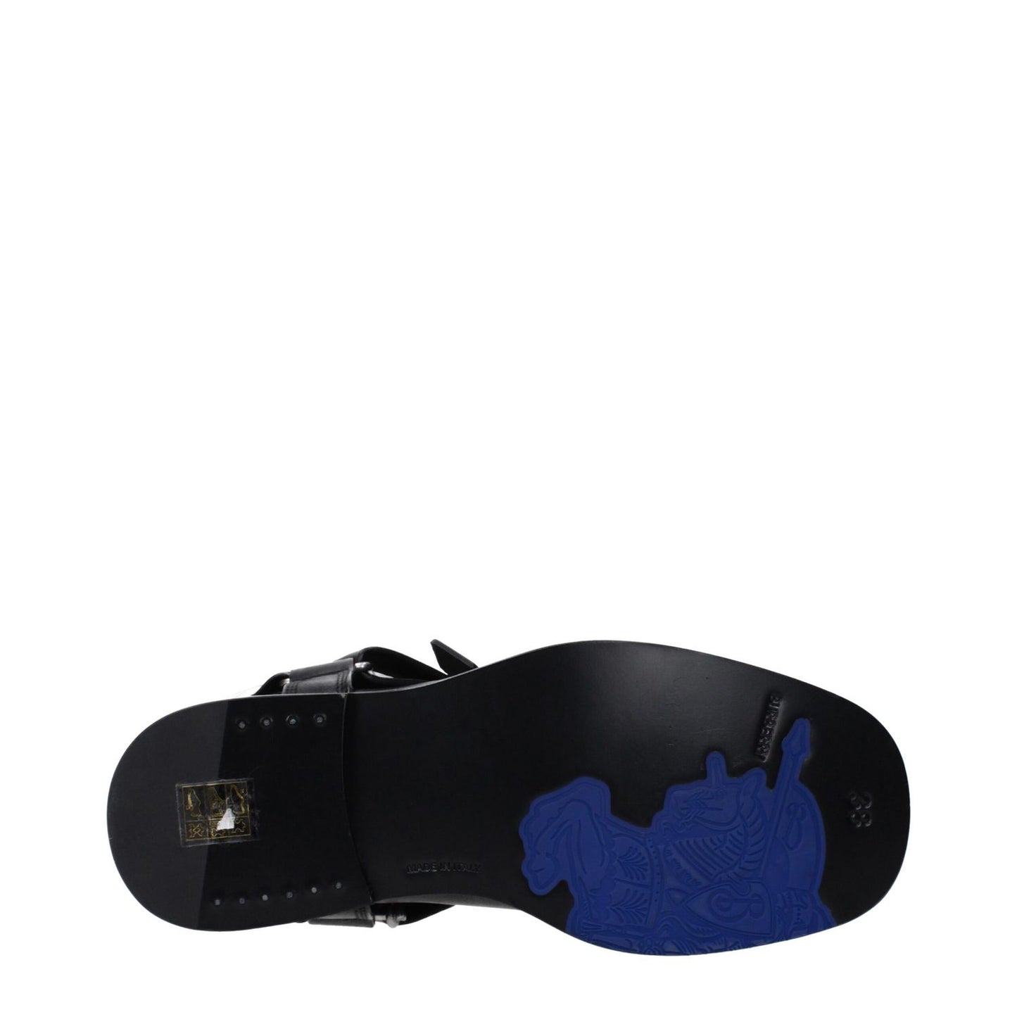 Sole of Burberry Black Leather Boots with blue design, buckle closure, round toe, leather sole, and mid heel of 3.5 cm.