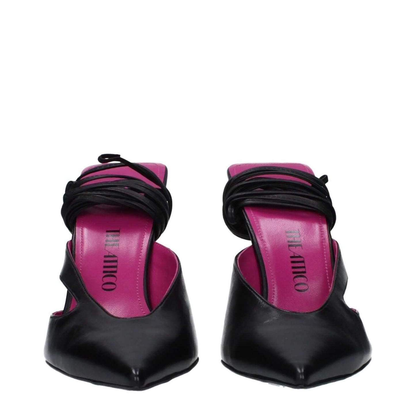 Front view of The Attico Black Leather Stiletto Heel Sandals with lace-up closure and pointy toe design.