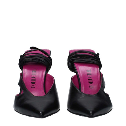 Front view of The Attico Black Leather Stiletto Heel Sandals with lace-up closure and pointy toe design.