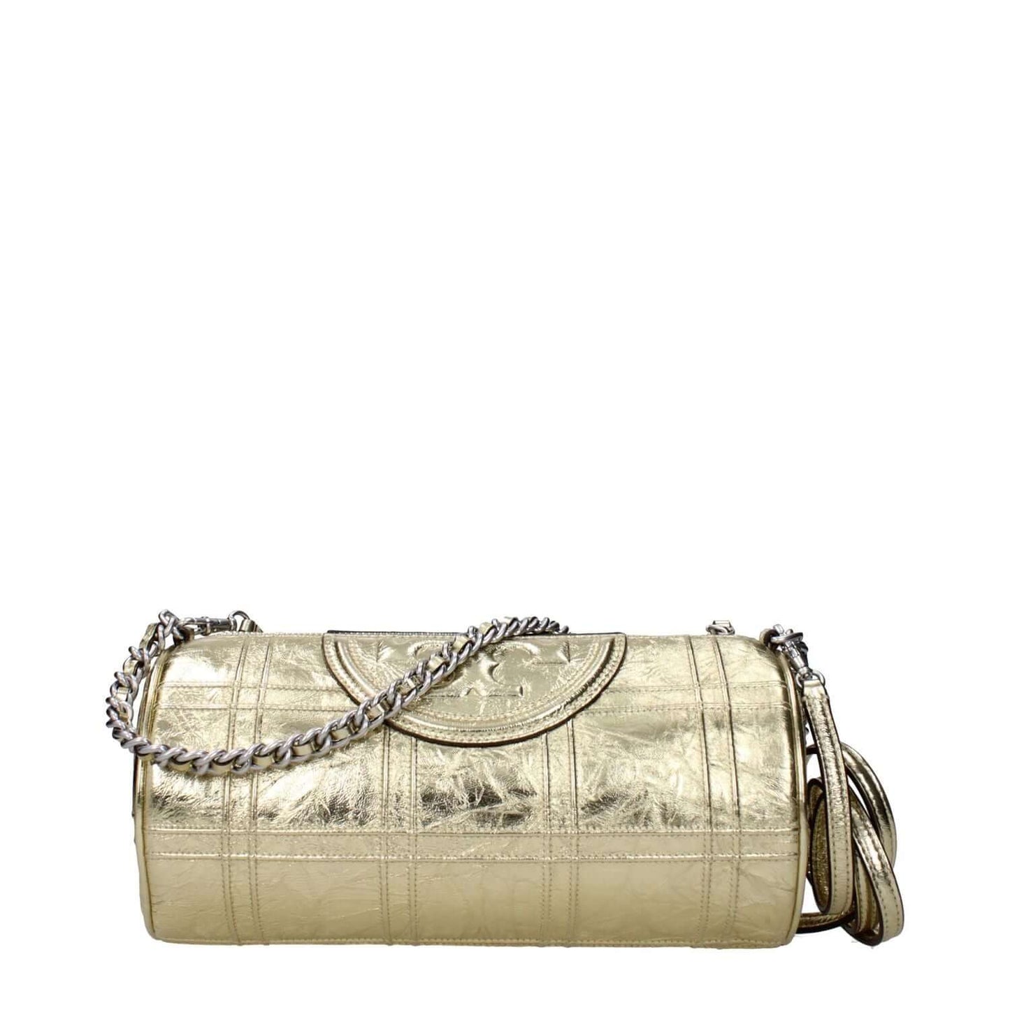 Tory Burch Gold Leather Shoulder Bag with metallic effect, front logo, adjustable strap, and zip closure, perfect for casual style.