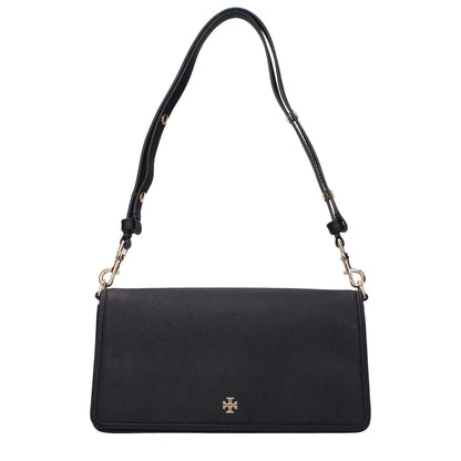 Tory Burch Black Leather Shoulder Bag with front logo, divider inner pocket, adjustable and removable handle.