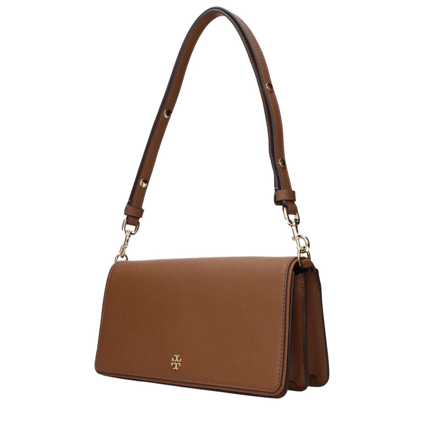 Tory Burch Brown Leather Shoulder Bag with front logo, divider inner pocket, adjustable and removable handles.
