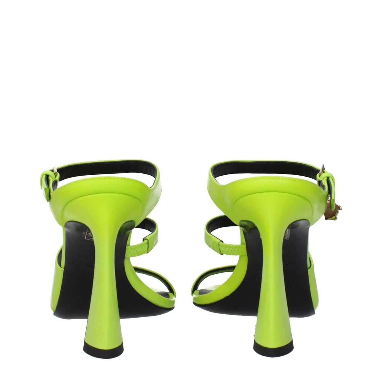 Back view of Versace Green Leather Stiletto Heel Sandals with buckle closure and open toe design.