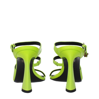 Back view of Versace Green Leather Stiletto Heel Sandals with buckle closure and open toe design.