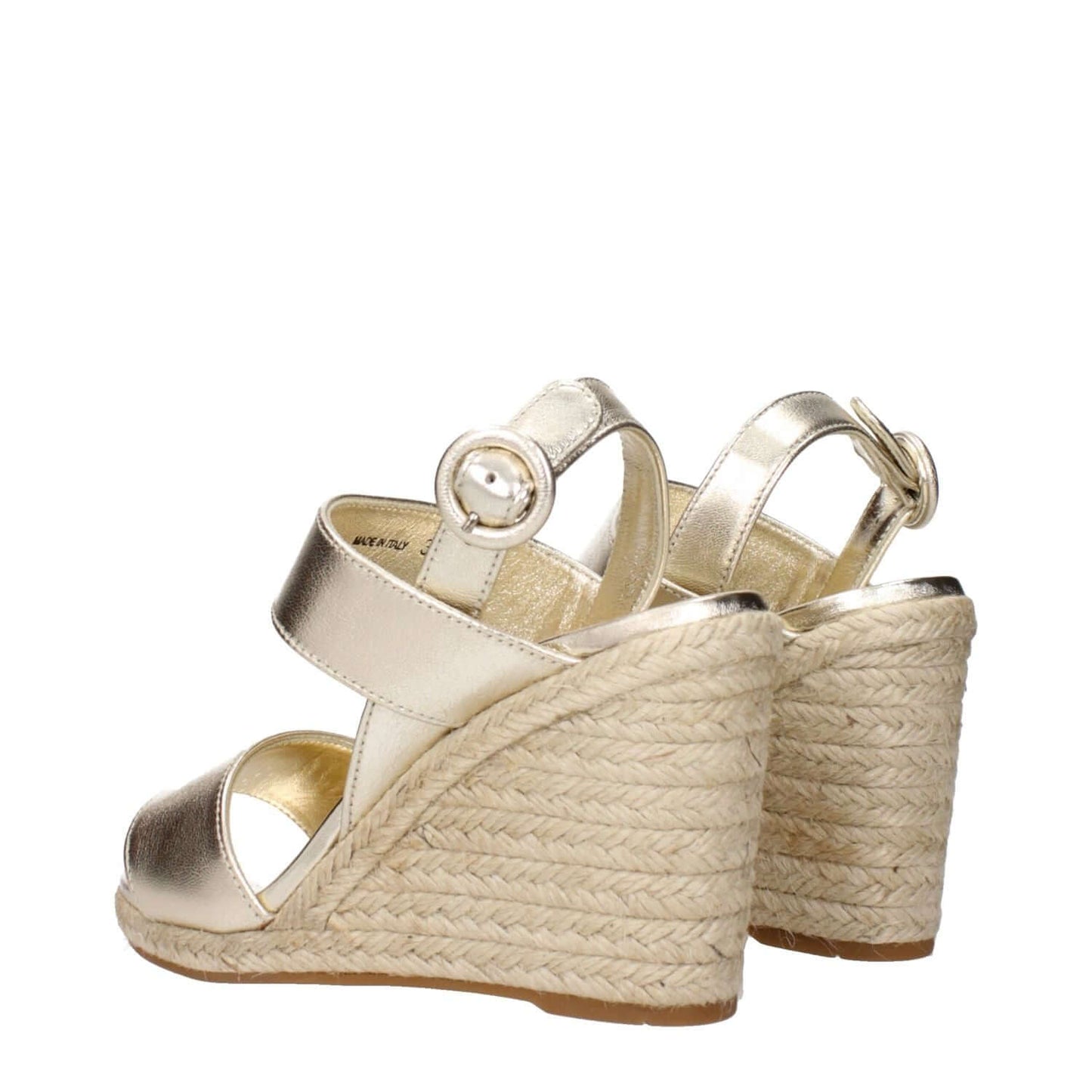 Prada Gold Leather Wedge Sandals with vintage effect, featuring elegant design and high-quality gold leather finish.