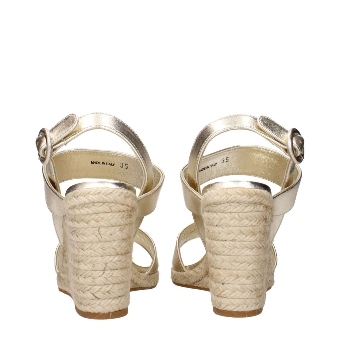 Back view of Prada Gold Leather Wedge Sandals with vintage effect, showcasing espadrille-style wedge heels and ankle straps.