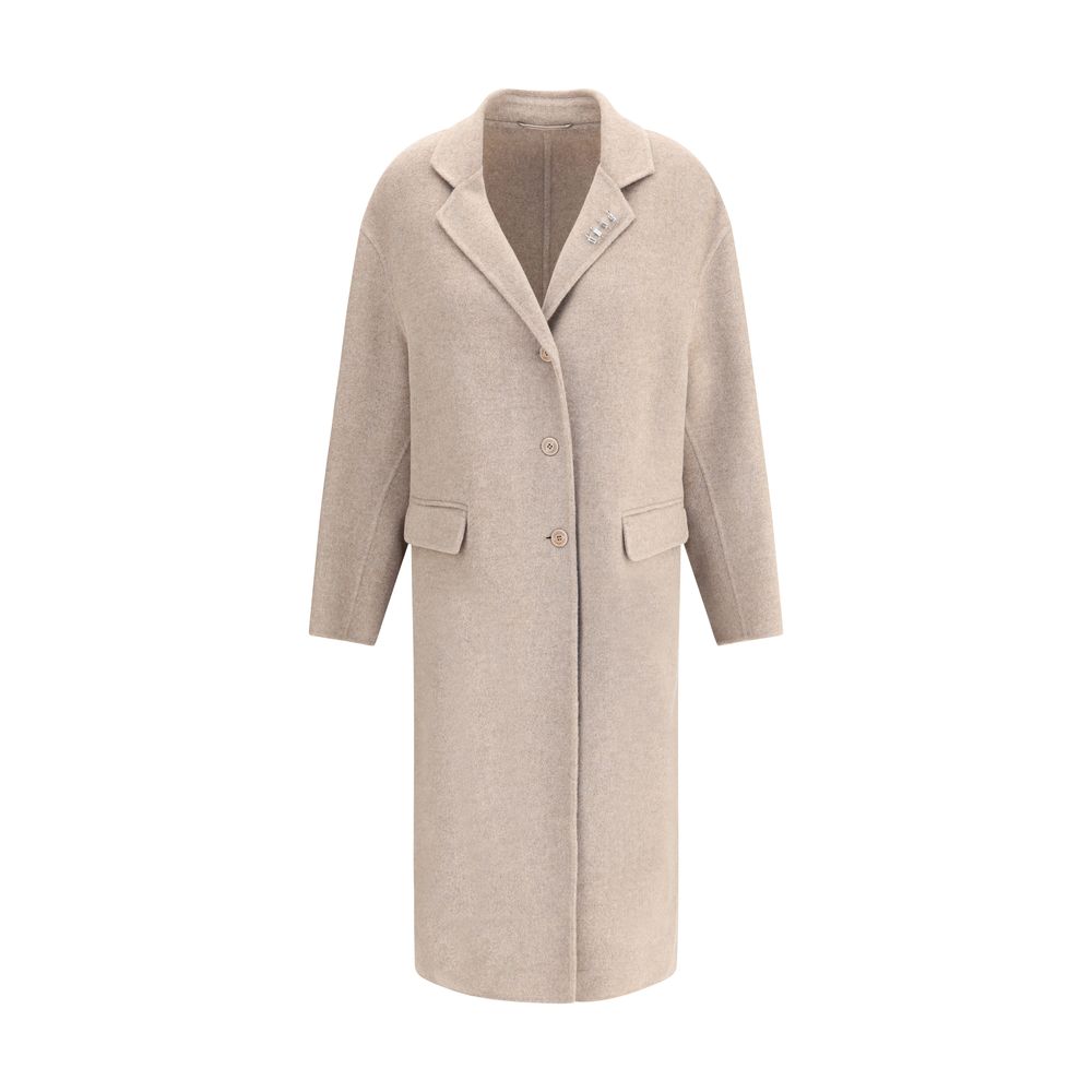 Alt Tag: Ermanno Scervino Beige Wool Coat with classic lapels, V-neckline, rhinestone pins, welt flap pockets, and button closure.