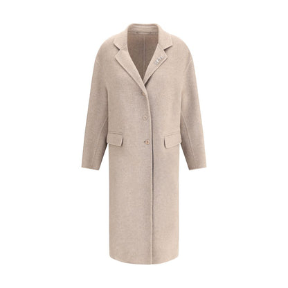 Alt Tag: Ermanno Scervino Beige Wool Coat with classic lapels, V-neckline, rhinestone pins, welt flap pockets, and button closure.