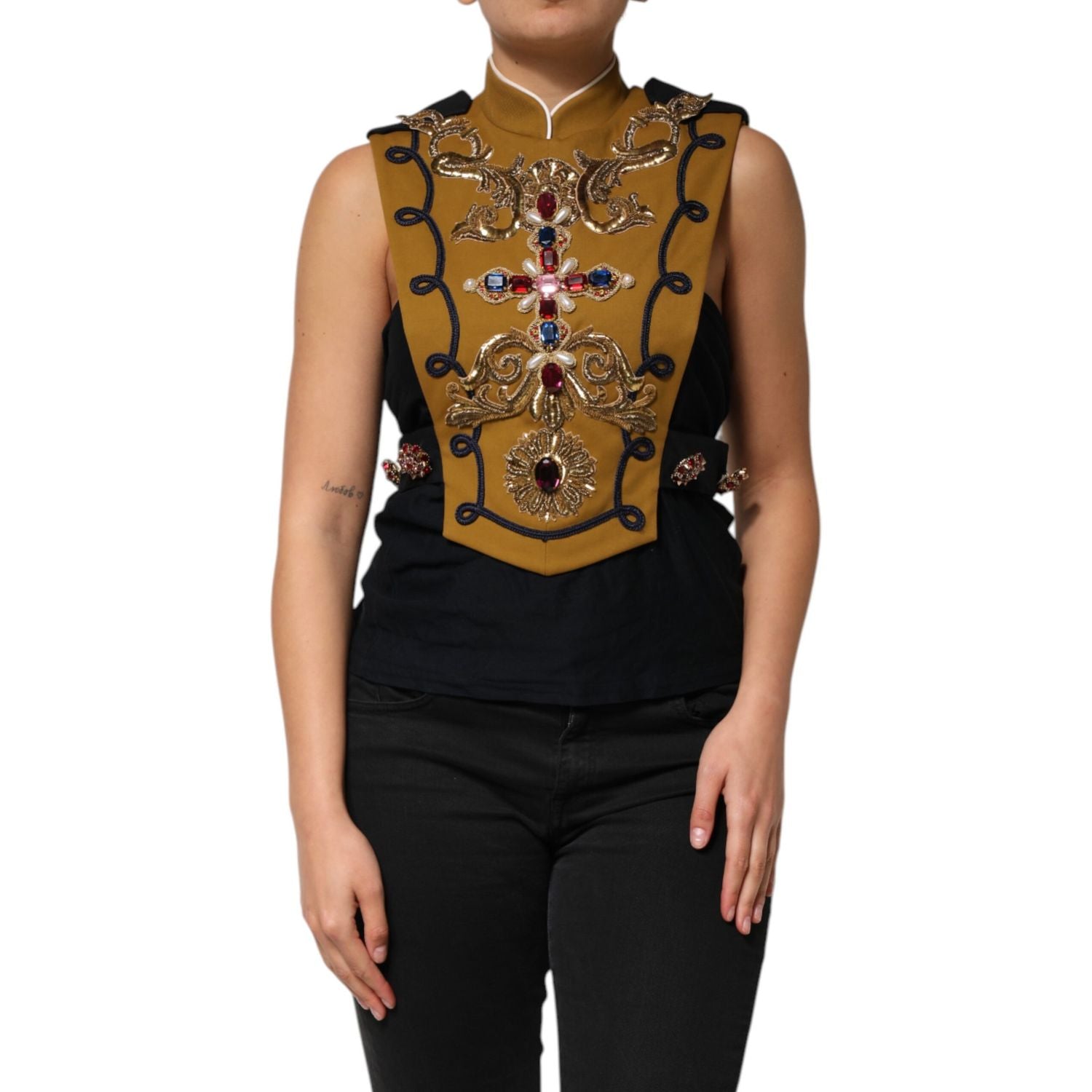 Dolce & Gabbana Yellow Crystal Cross Runway Vest Jacket Top